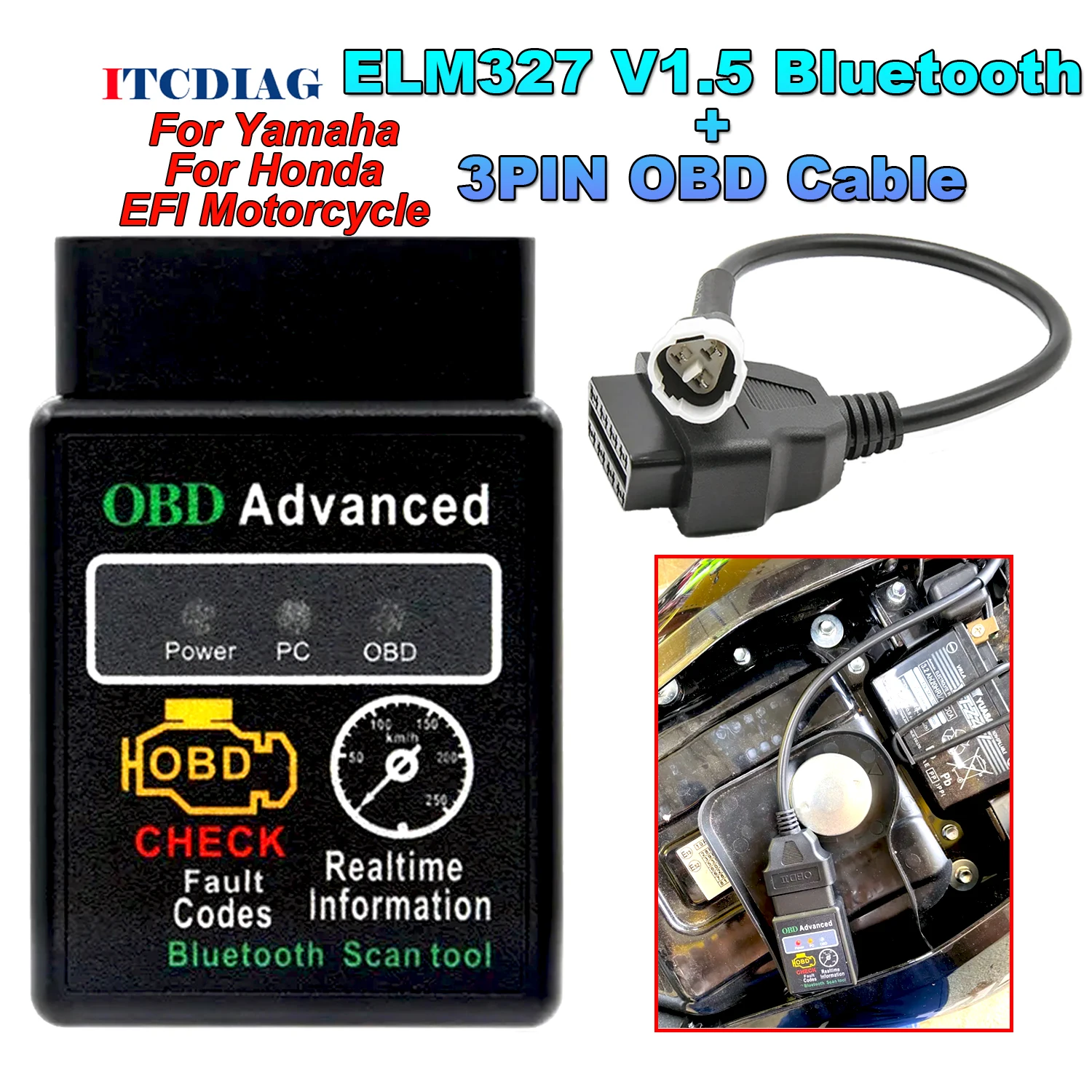 ELM327 V1.5 Bluetooth Android for Yamaha y15 EFI Motorcycle Motorbike for Honda 3PIN To 16PIN OBD2 OBD 2 Cable ELM 327 Fault