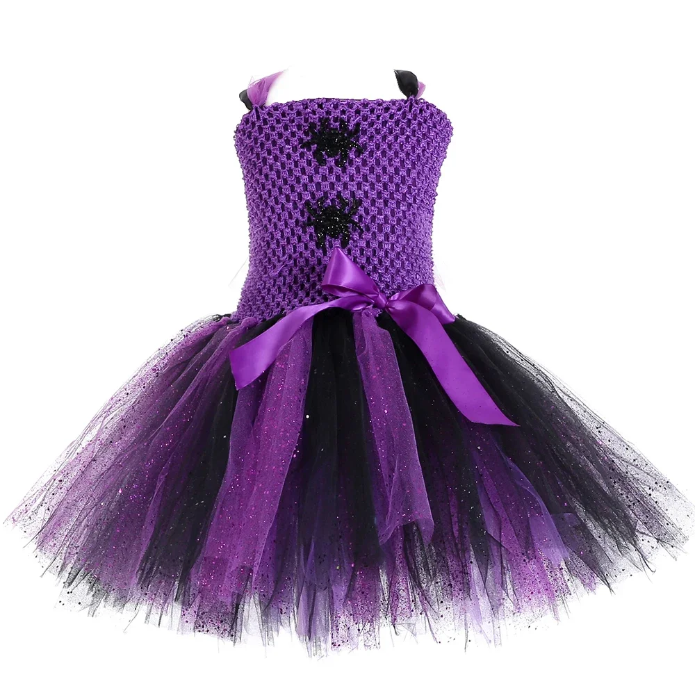 Sparkly Spider Girls Tutu Dress Black Purple Witch Halloween Costume for Kids Girls Performance Carnival Party Fancy Dress 1-14Y