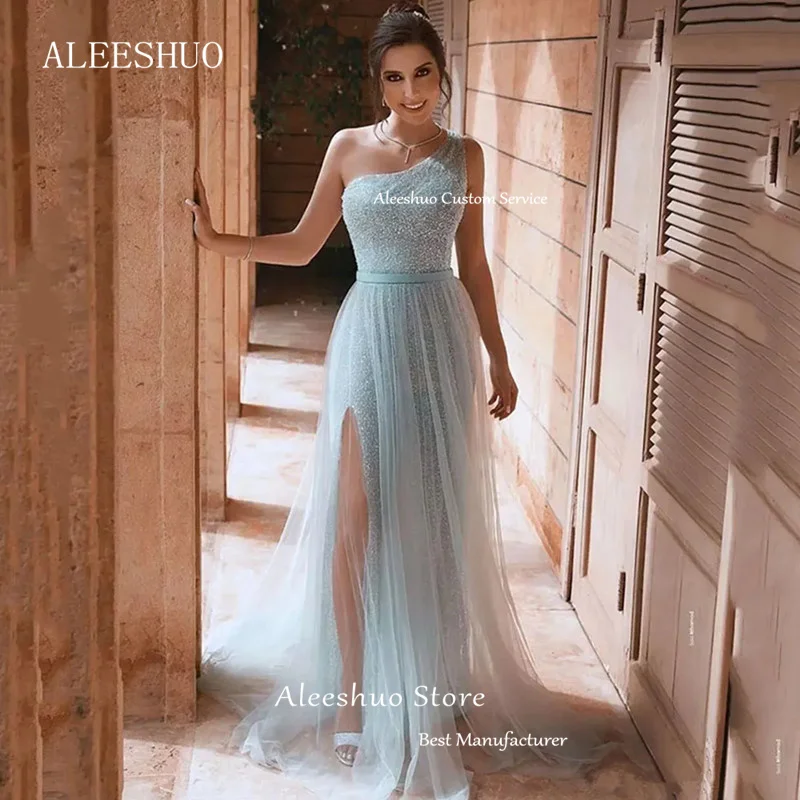 Aleeshuo Sexy Lady Sky Blue Prom Dress One Shoulder High Side Slit Evening Dress Sequined A-line Party Dress robes de soirée