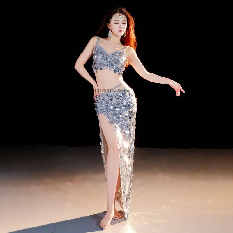밸리 댄스 스팽글 의상, 인도 댄스 세트, 여성 그룹 공연 의상, 민소매 탑, 안전 바지가 있는 슬릿 스커트