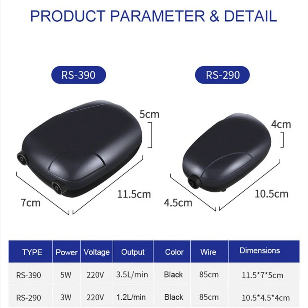 1Pc Aquarium Oxygen Air Pump Oxygen Pump RS-290/ RS-390 Optional Accessories Low Power Consumption Mini Silent Compressor Black