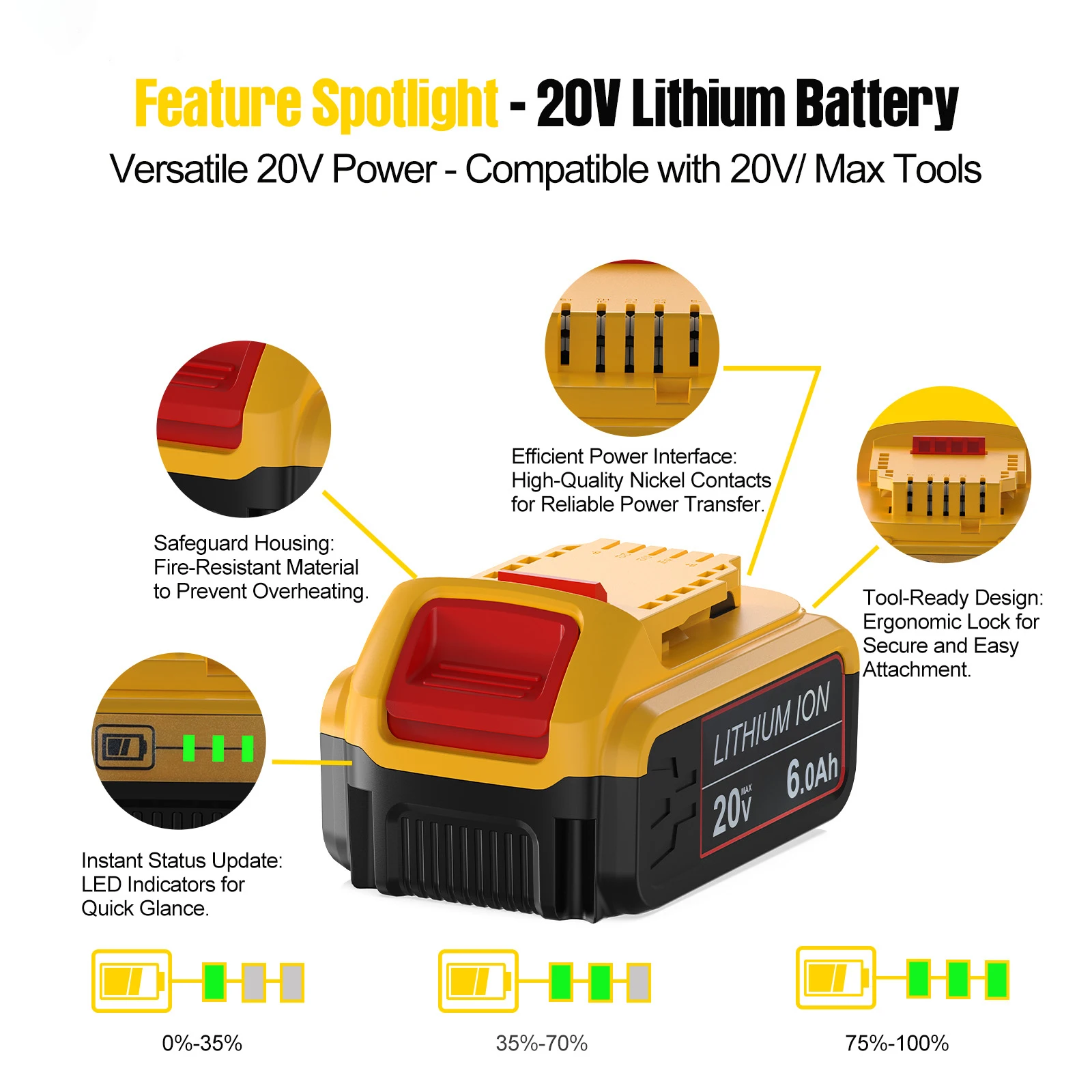 20V 6.0Ah Li-ion Battery For Dewalt DCB200 DCB606 DCB612 DCB205 DCB206 DCB209 Power Tool Batteries