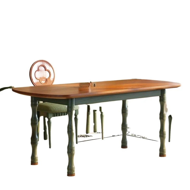 

Solid wood dining table, French retro small apartment household simple antique dining table green rectangle