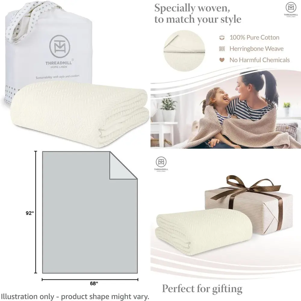 

Всесезонное одеяло двойного размера из 100% хлопка, узор «елочка», мягкое и уютное, 350GSM, 68x92 дюйма, белое тюск