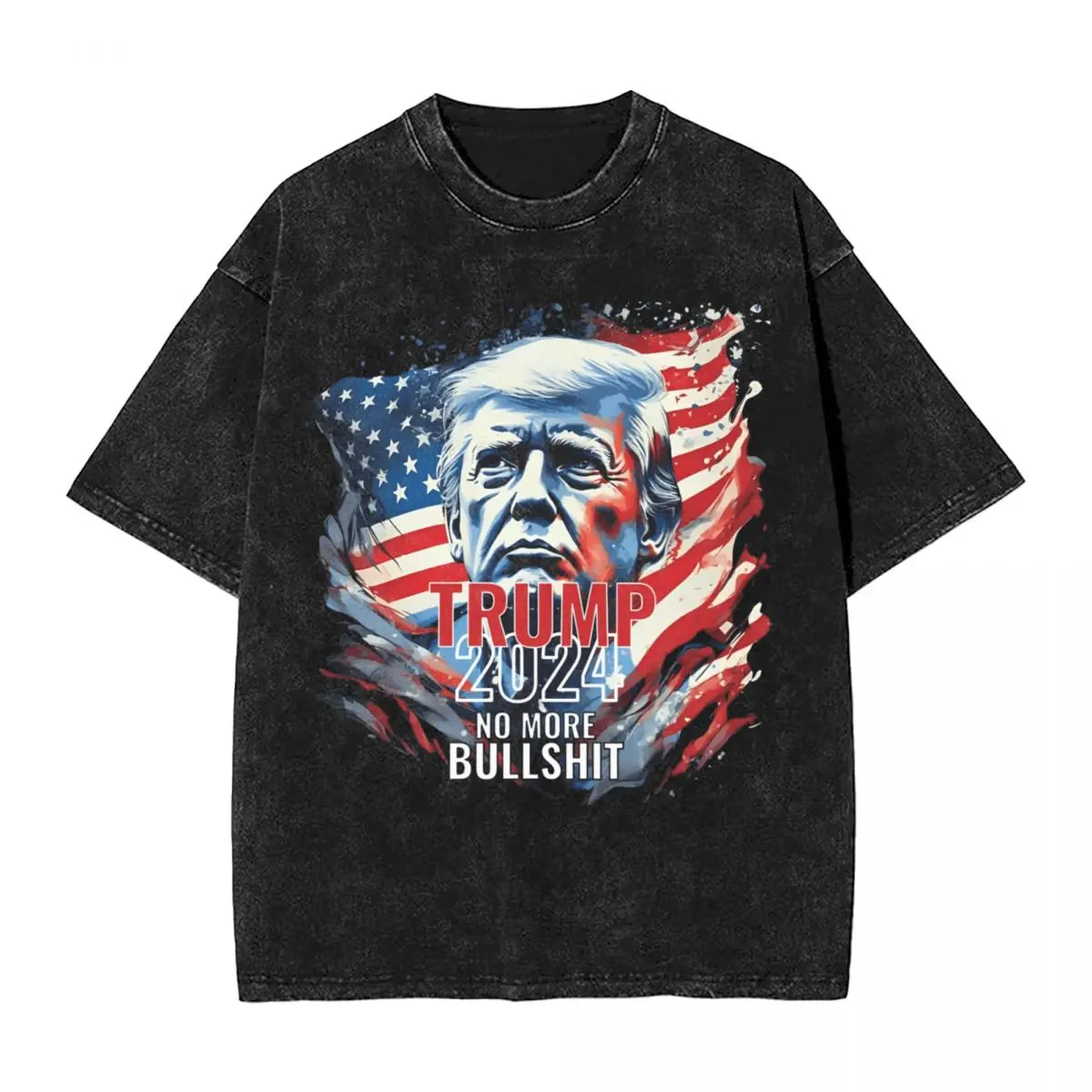 Trump 2024 No More Bullshit Washed T Shirt Men Awesome Cotton T Shirts Summer O Neck Hip Hop Tees Print Oversize Clothing