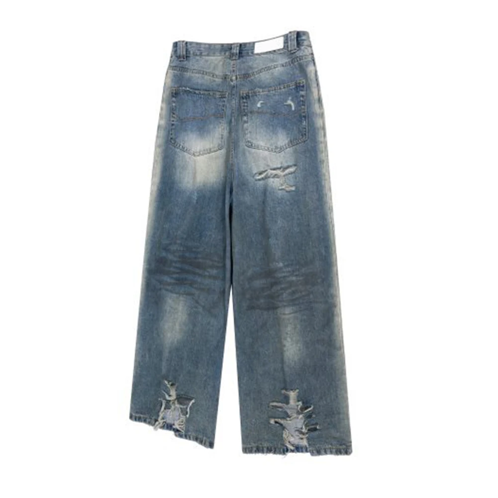 

Comfy Fashion Autumn Spring Wide Leg Pants Damaged Hole Jeans Casual Fashion Vintage Pants Non Stretch Solid Color