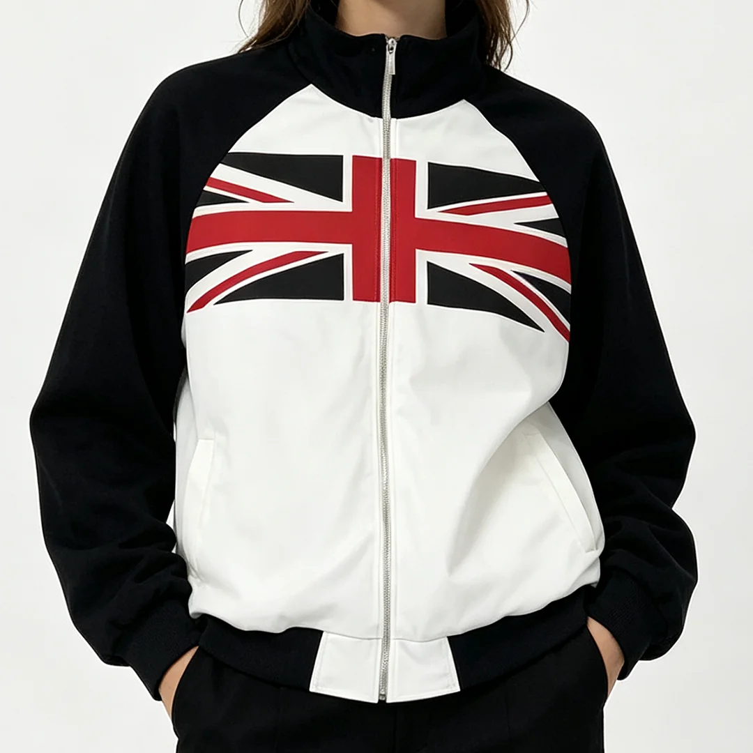 Street Fashion Zip Up Hoodie - เสื้อฮู้ดดีไซน์หลวมพิมพ์ลายธงชาติสีตัดกัน แฟชั่นสตรีท Y2K ใหม่ประจำฤดูใบไม้ร่วง พรีเมียม ดีไซน์เฉพาะตัว