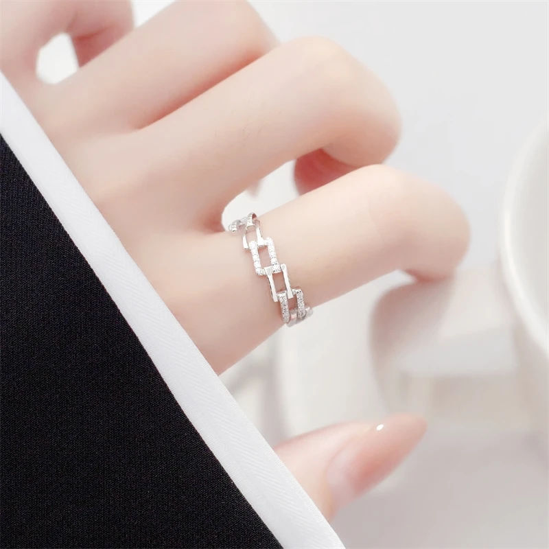 WYEAIIR 925 Sterling Silver Shiny Zircon Geometric Block Resizable Opening Ring For Women Luxury Jewelry