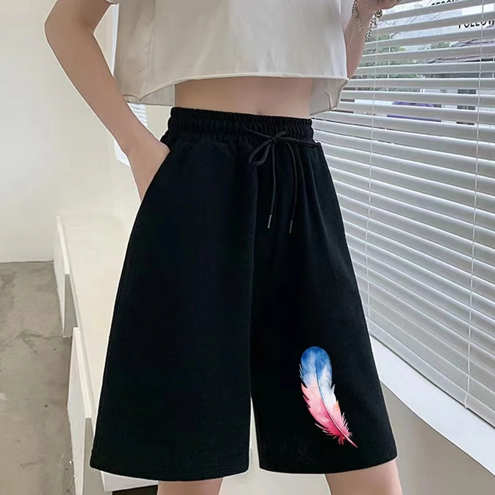 Women\'s Loose Cropped Shorts Feather Printing Harajuku Clothing Sports Pants Fashion Casual Sports Loose Ladies Black Shorts