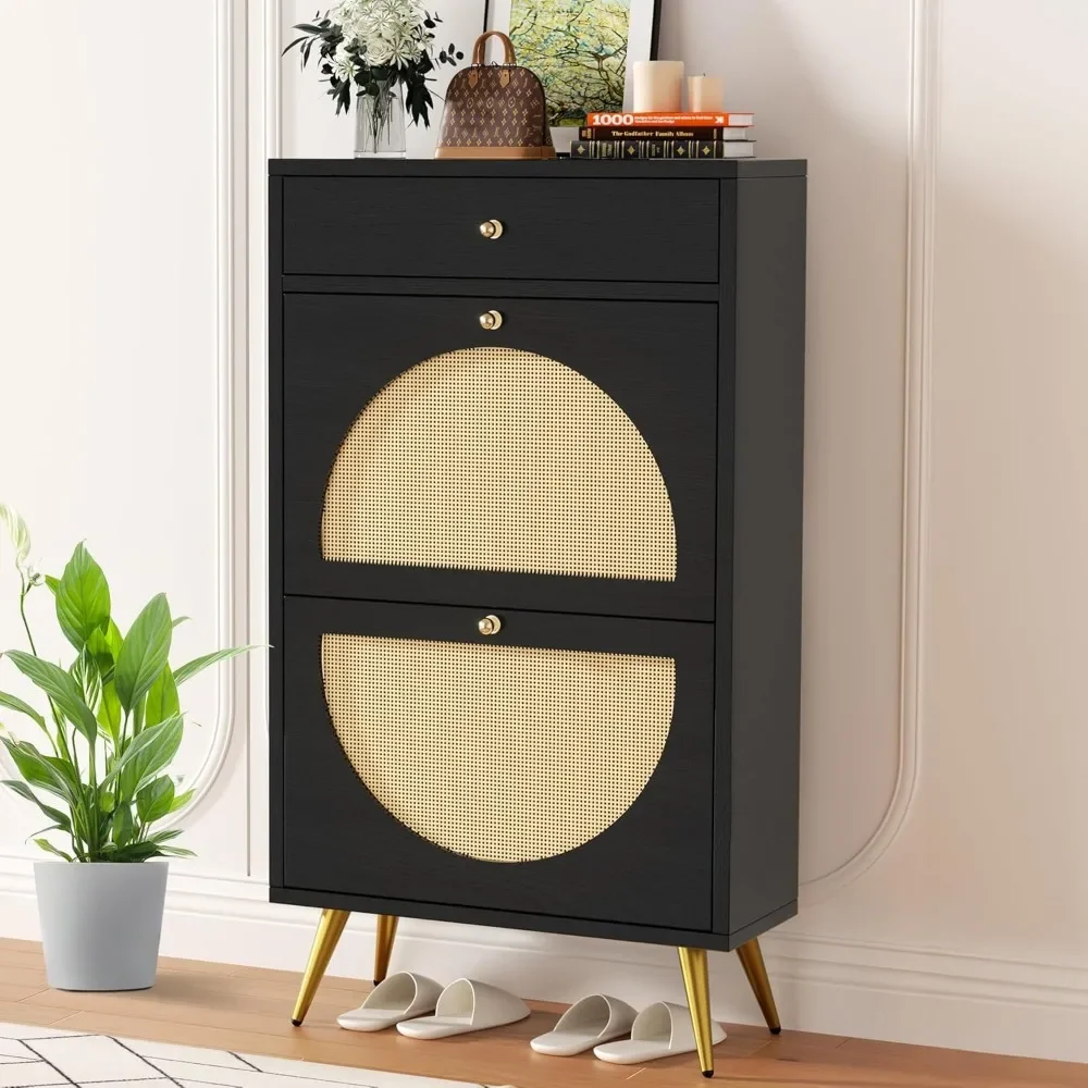 Rattan Shoe Cabinet 4 Flip Door , Freestanding Shoe Rack Storage Organizer with 3-Tier Adjustable Shelves，Shoe Rack image 6
