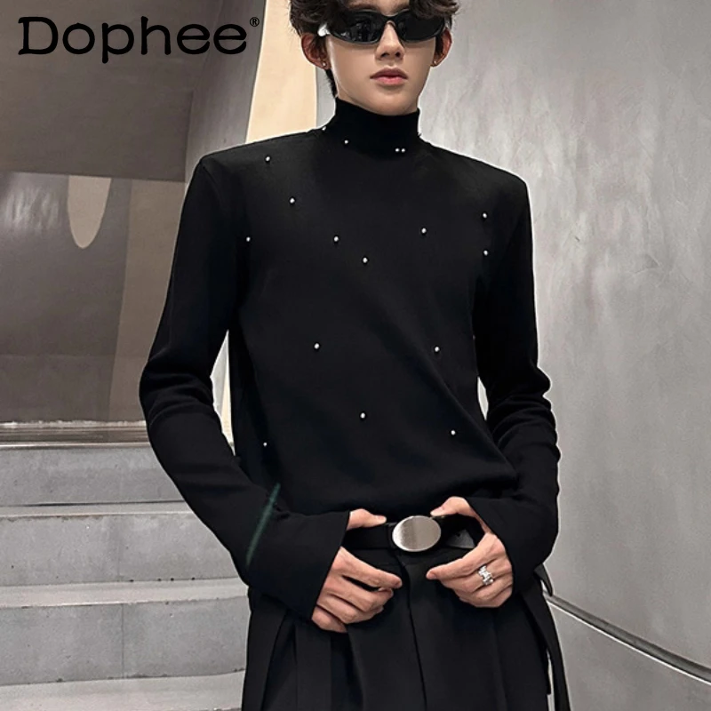 الرجال 2025 الخريف الشتاء جديد الراقية وسادة الكتف تصميم تيز الرجال اللؤلؤ عالية الرقبة تي شيرت الرجال طويلة الأكمام بلون القمم