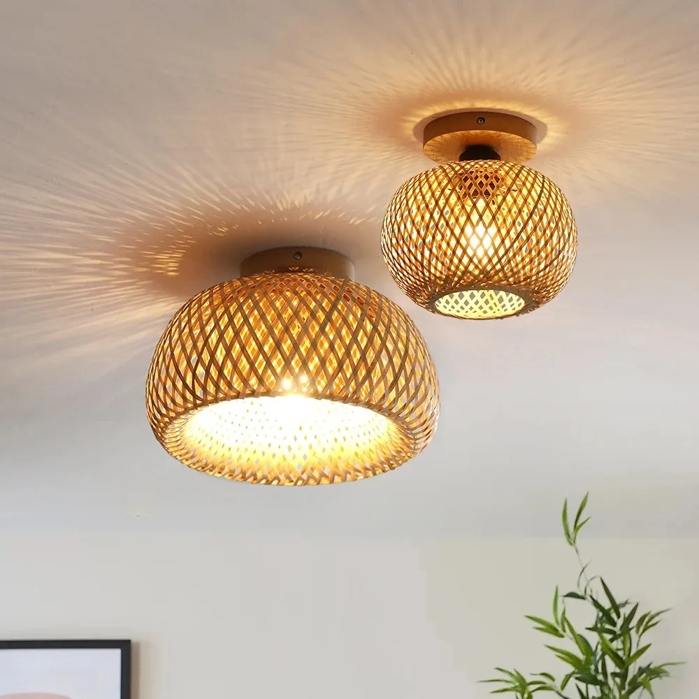 

Ретро светодиодный бамбуковый тканый потолочный светильник для коридора, гостиной, потолочный светильник E27, тканые лампы, декоративные светильники