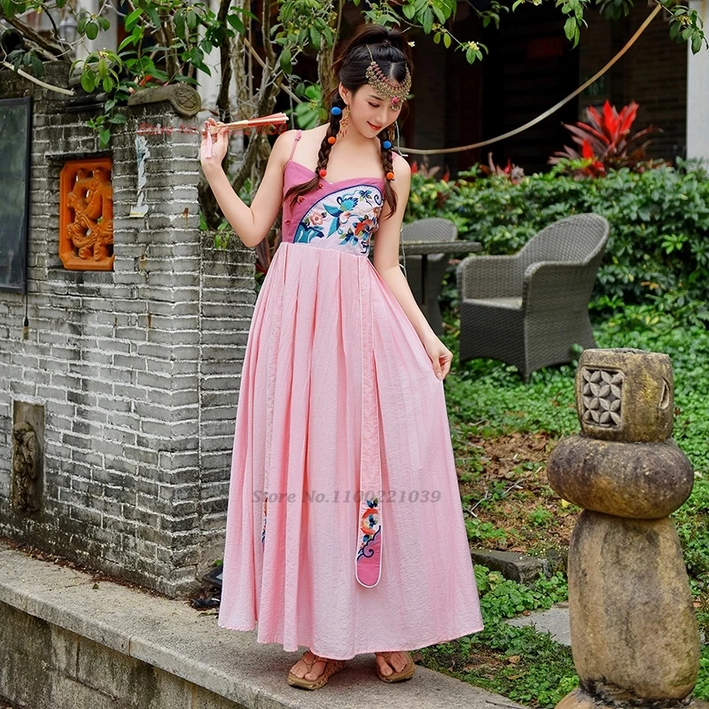 

2024 oriental vintage dress chinese traditional hanfu dress national flower embroidery a-line dress princess folk dance dress