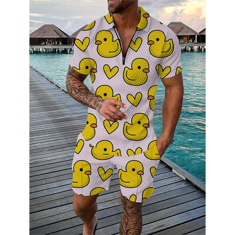 3D Cartoon Duck Pattern Print Men's Sets Fashion Zip Polo Short Sleeve Top +Shorts Outfit Summer Street Trend Oversized Tee Suit