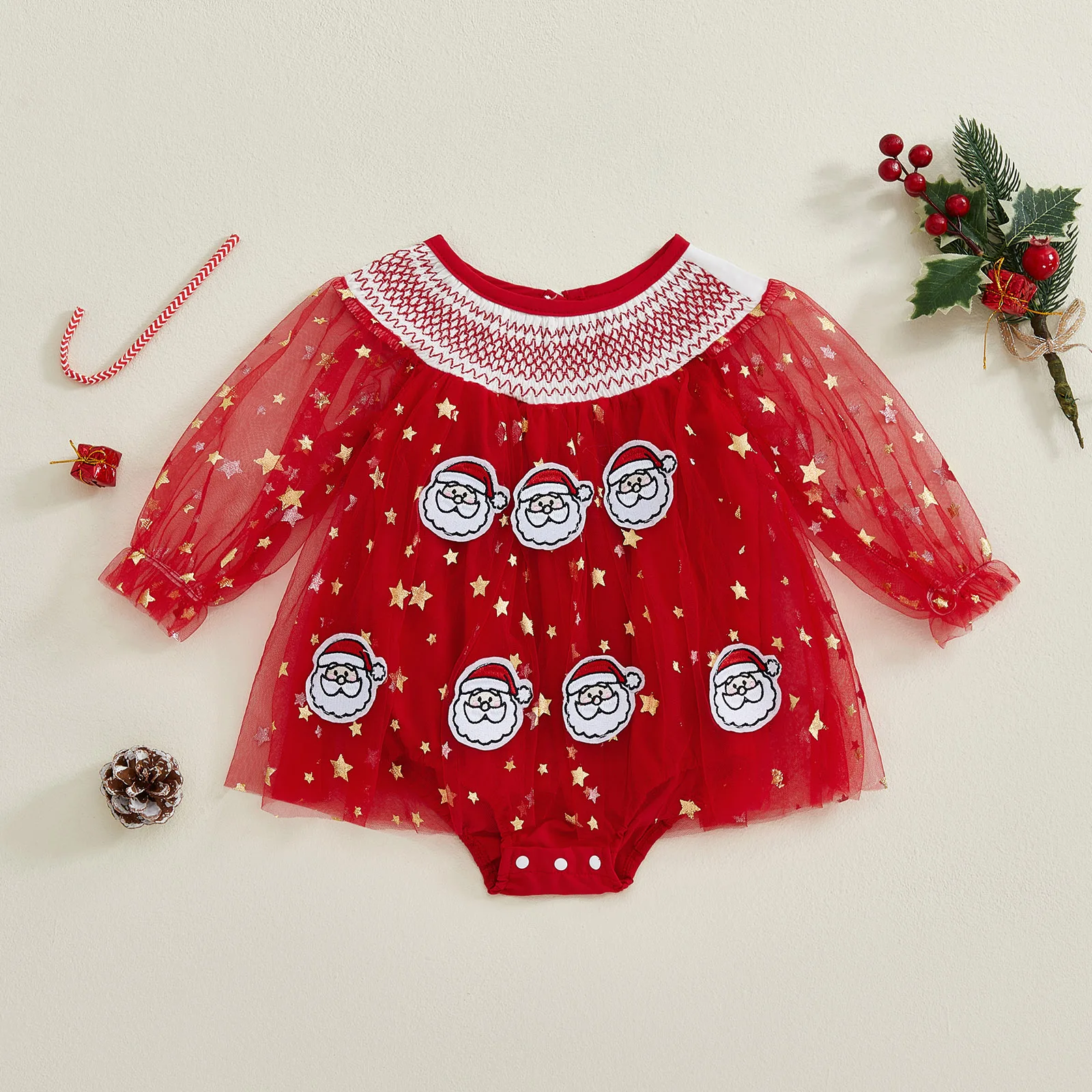 

Tregren, сетчатый рождественский комбинезон для маленьких девочек 0-18 месяцев, комбинезоны с длинными рукавами и принтом Санта-Клауса и звезд для новорожденных, одежда