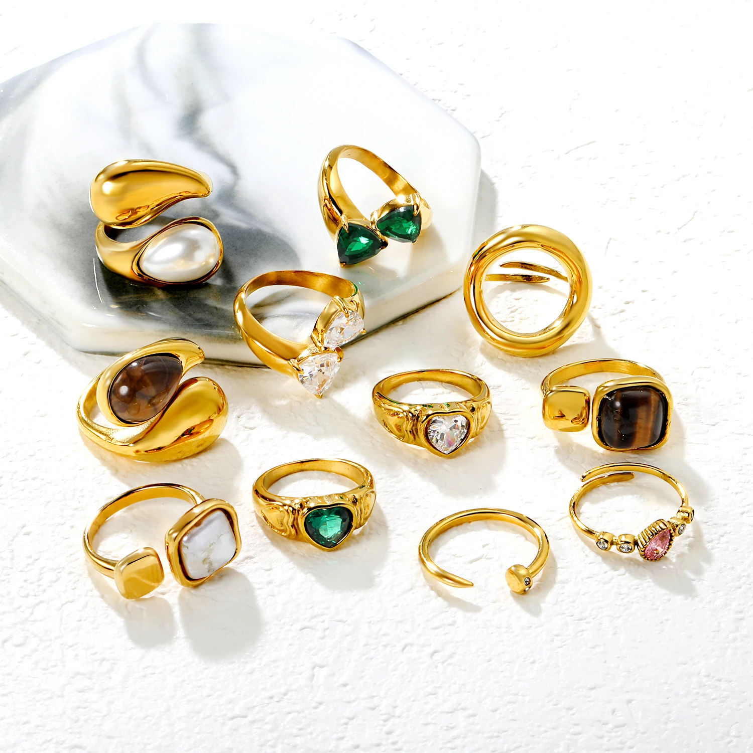 

LUXUKISSKIDS Trendy New Design Gold Plated PVD Opals Stone Cuff Rings Geometric Stone Finger Jewelry for Anniversary Party Gifts