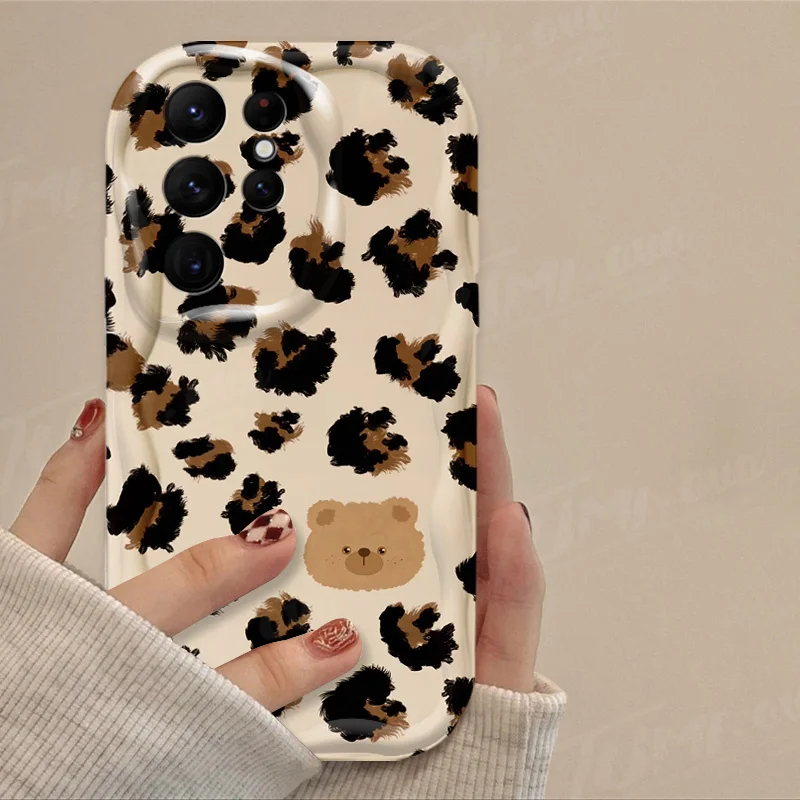 Love Heart Leopard Print Wave Case For Samsung Galaxy S24 Ultra S23 S22 Plus S21 S20 FE A25 A55 A35 A15 A05 A05S Silicone Cover