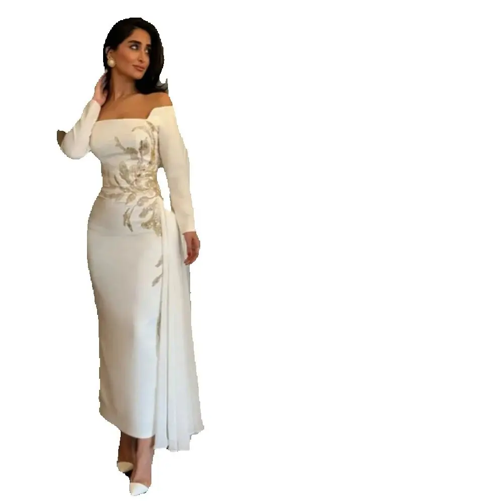 Elegant White Women Prom Dresses Off the Shoulder Full Sleeves Ankle Length Slim Fit Fancy Flowers Mother of the Bride Gowns