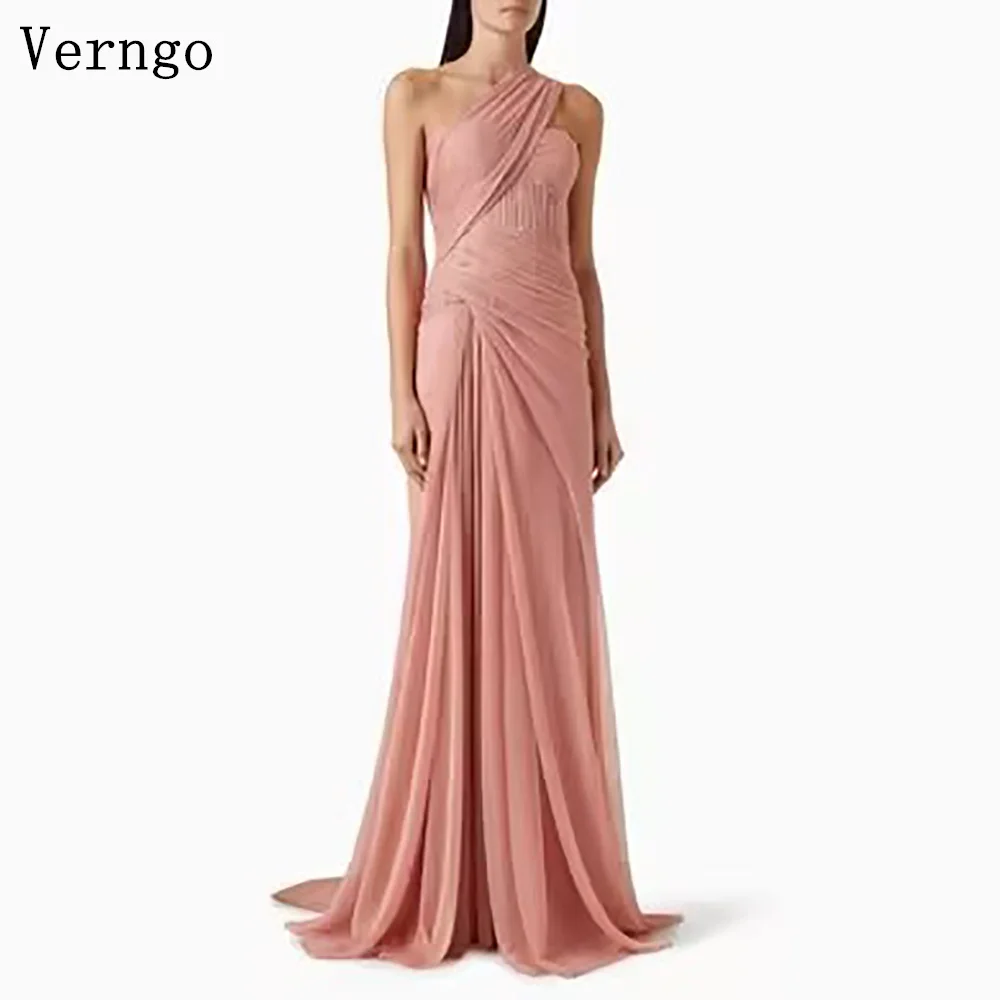 

Verngo Rose Pink Chiffon Evening Dress One Shoulder Mermaid Pleated Formal Occasion Dress Elegant Maxi Prom Gown Customized