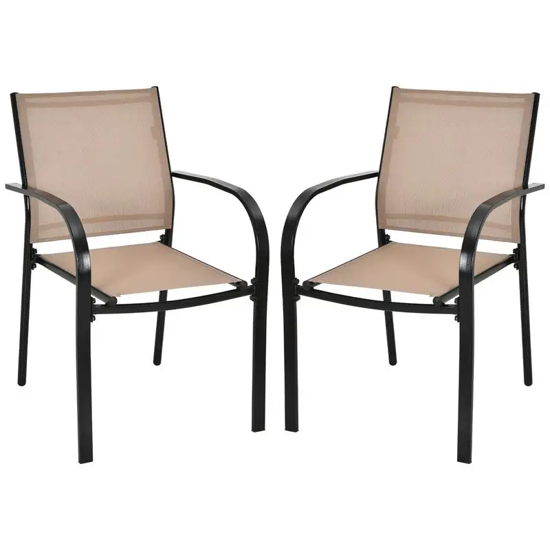 Set of 2 Patio Stackable Dining Chairs with Armrests Garden Deck-Brown