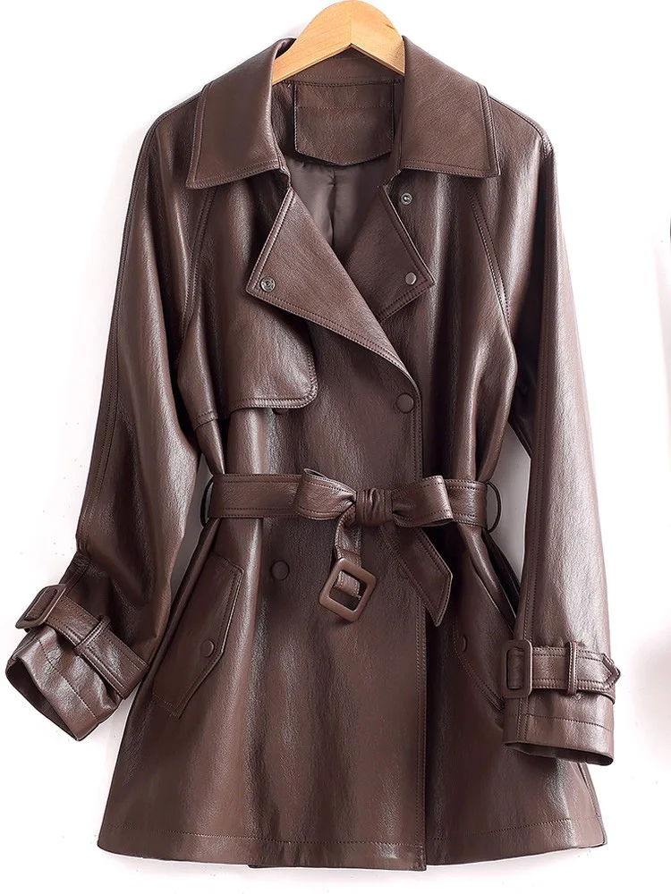Trench corto da donna in pelle crosta nuova, colletto alla moda autunnale, doppio petto, vita sottile con cintura, cappotto in pelle casual
