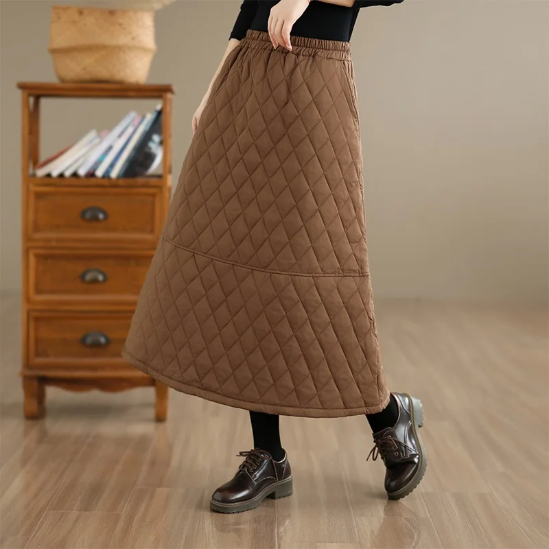 Winter Thickened Cotton Skirt High Waist Long A-Line Skirt Warm Windproof Washed Polyester Composite Fiber Ladies Skirt