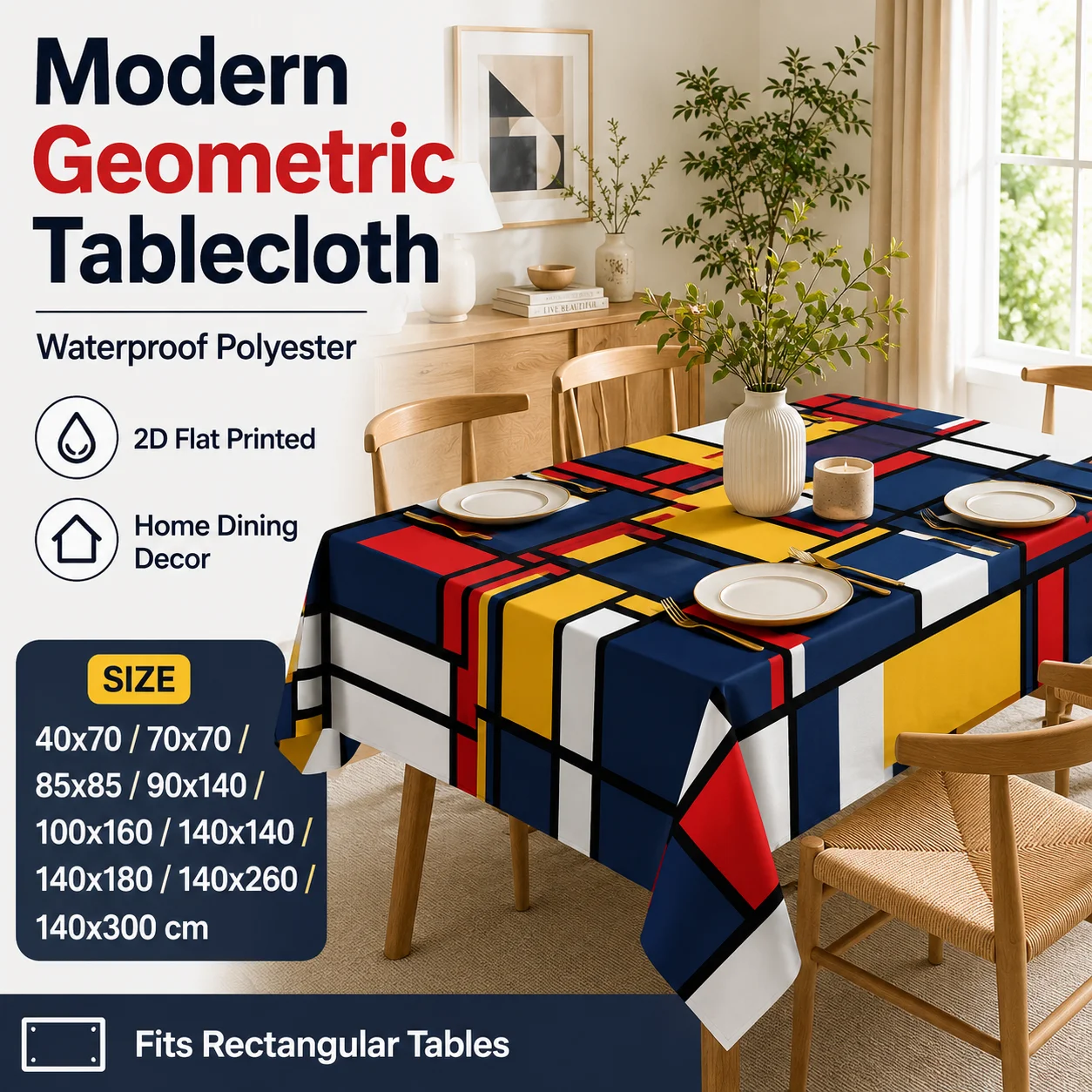 

Abstract Color Block Tablecloth Waterproof Polyester 2D Flat Printed Geometric Plaid Table Cover For Kitchen Party Decor