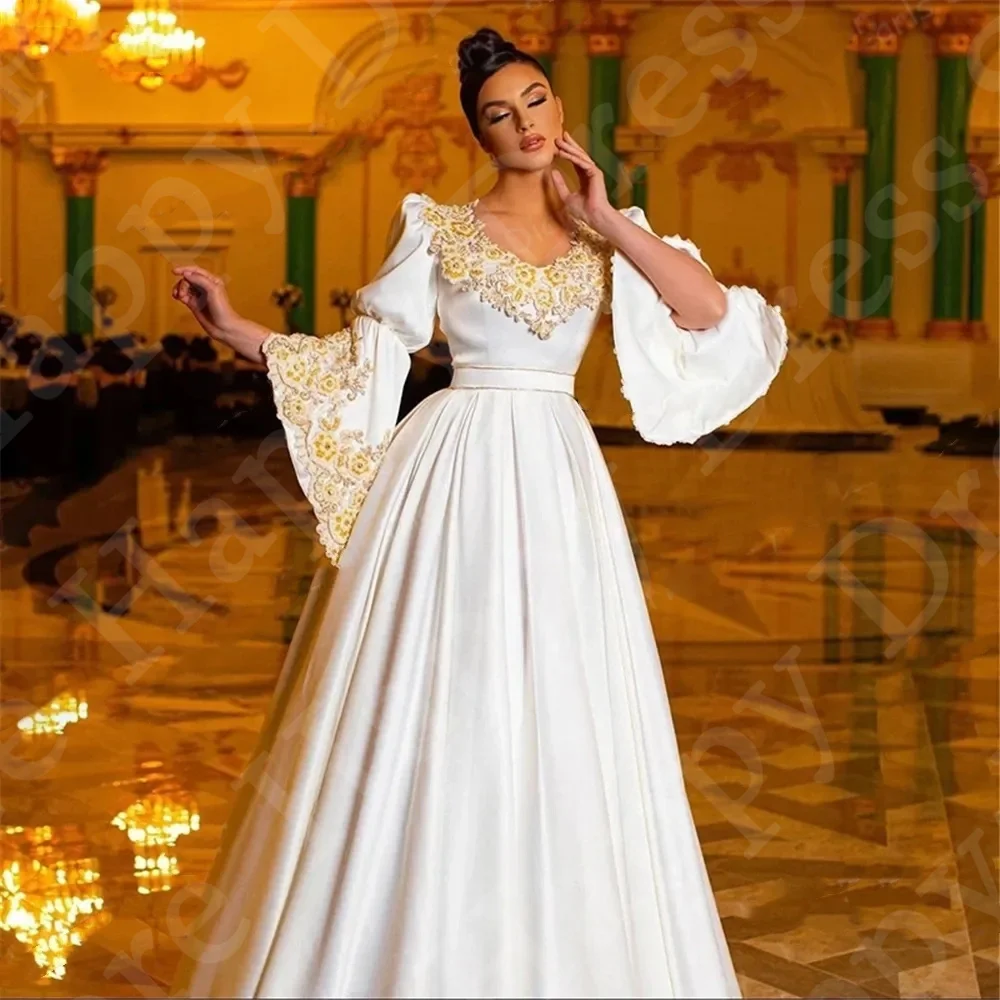 2024 primavera bianco marocchino caftano abito da sera a-line arabia saudita oro Appliqued abito da festa di nozze Dubai Prom Dress Plus Size