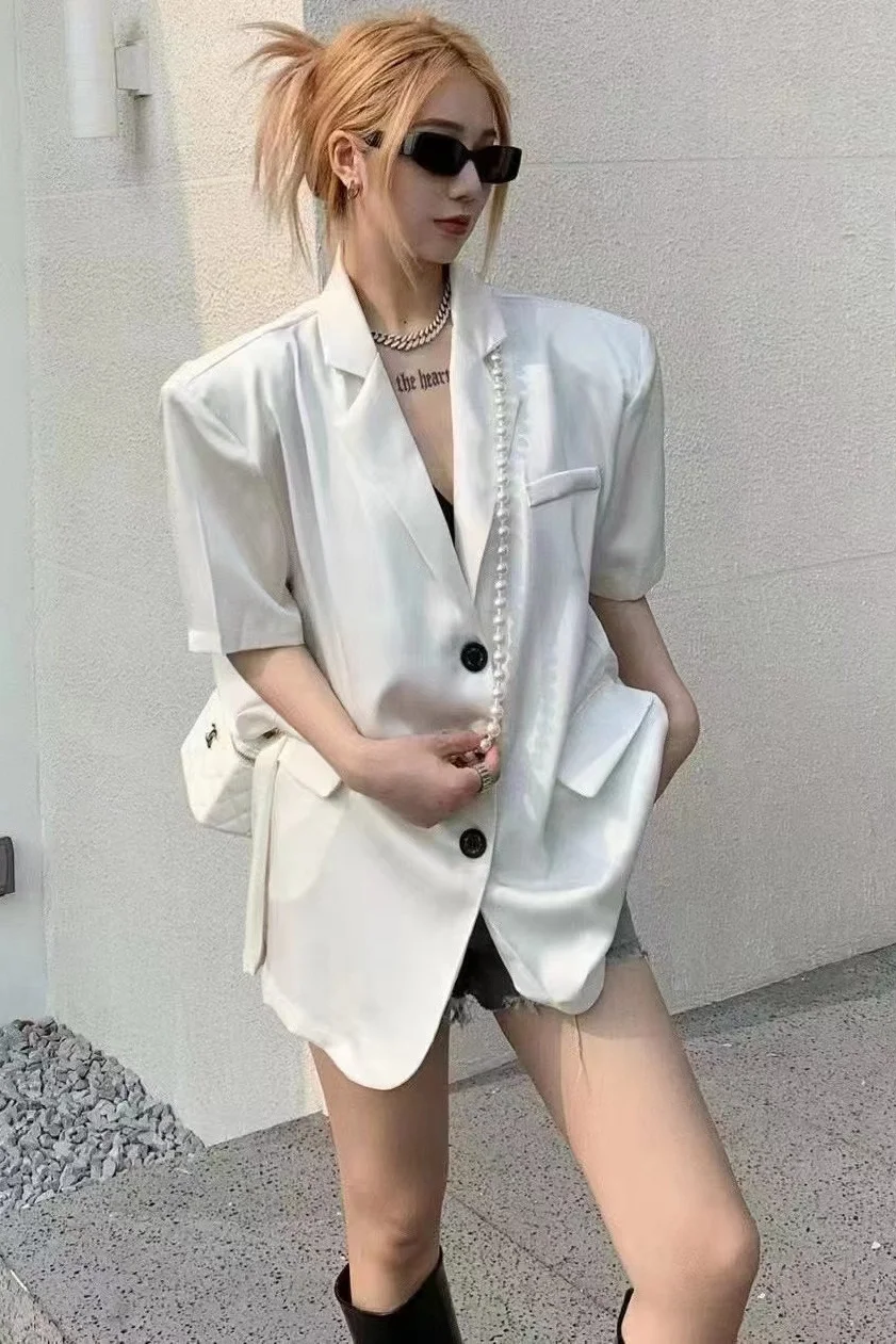 

​​Short Sleeve Blazer Women Summer 2025 Notch Collar Relaxed Fit Versatile Midi-Length Overshirt Outfitter​​