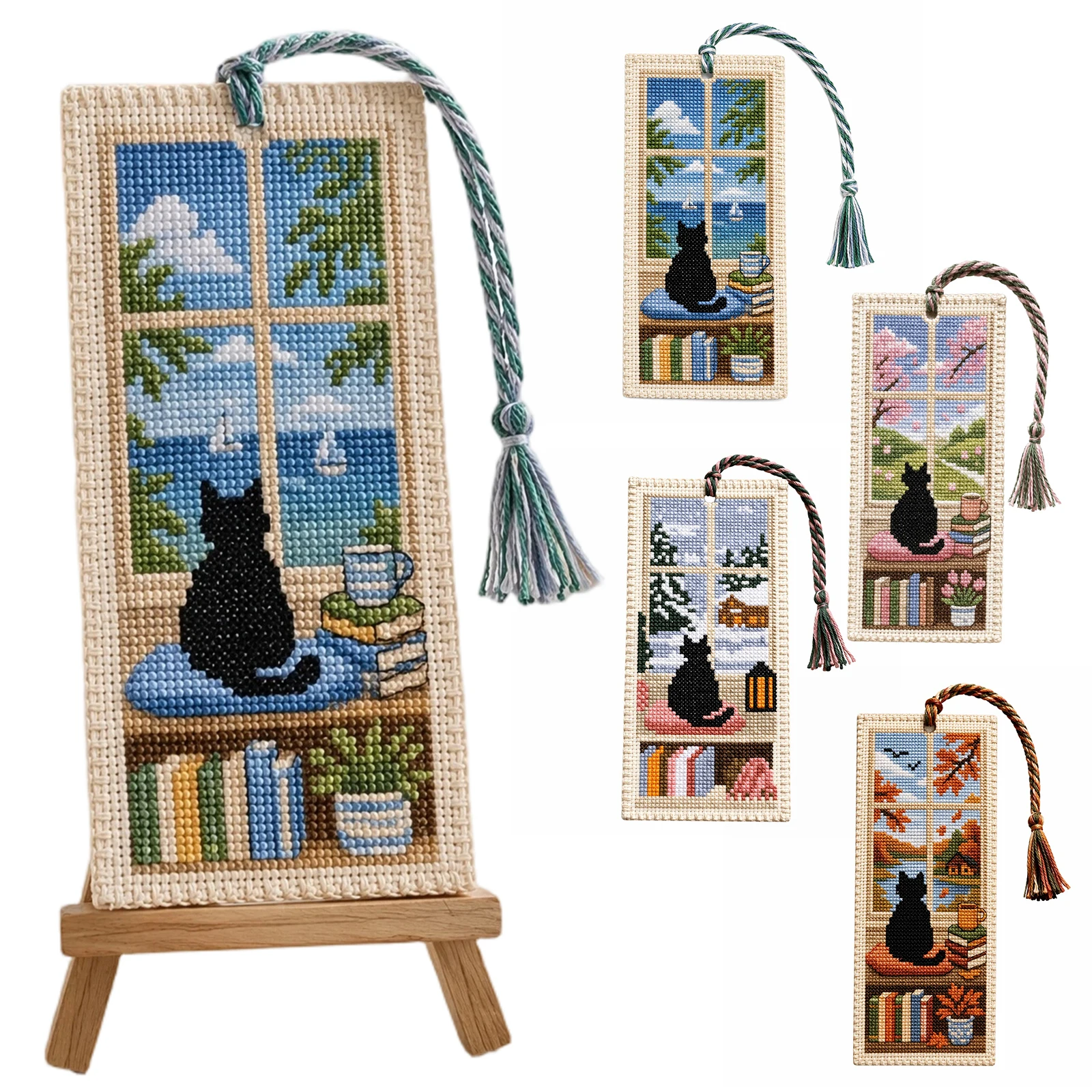 Cross Stitch Stamped Kits Beginners - Seizoensgebonden Kat DIY Gestempelde Kruissteek Boekenlegger