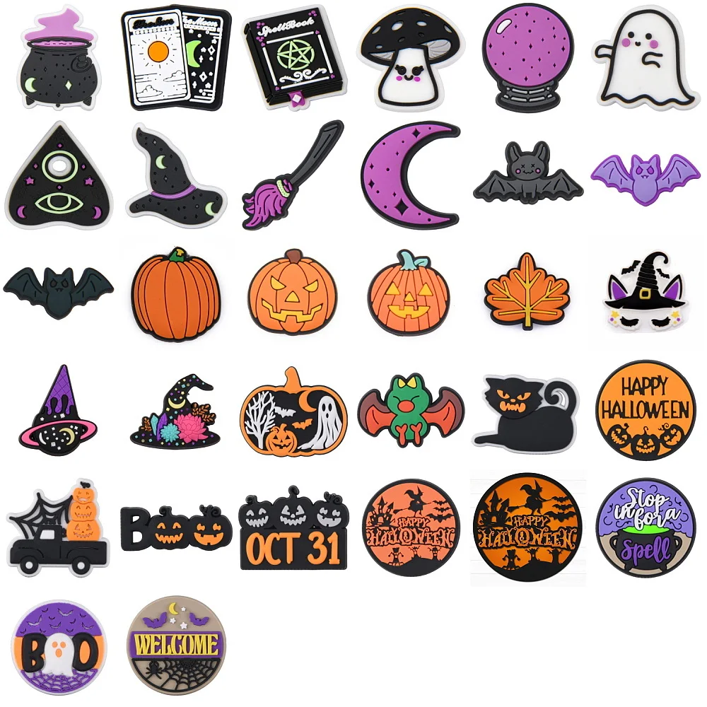 

16pcs Halloween Horror Movie Mushroom Shoe Decoration Purple Moon Light Black Bat Shoe Charms Pumpkin Broom Clog Charms Kid Gift