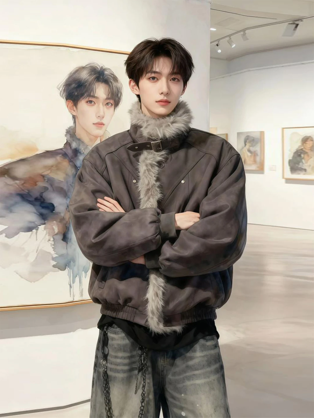 

Men's ort Suede Jaet Fce Lined Warmth Coat Cotton down Jaet Retro American Sle Fur Collar Winter Outerwear