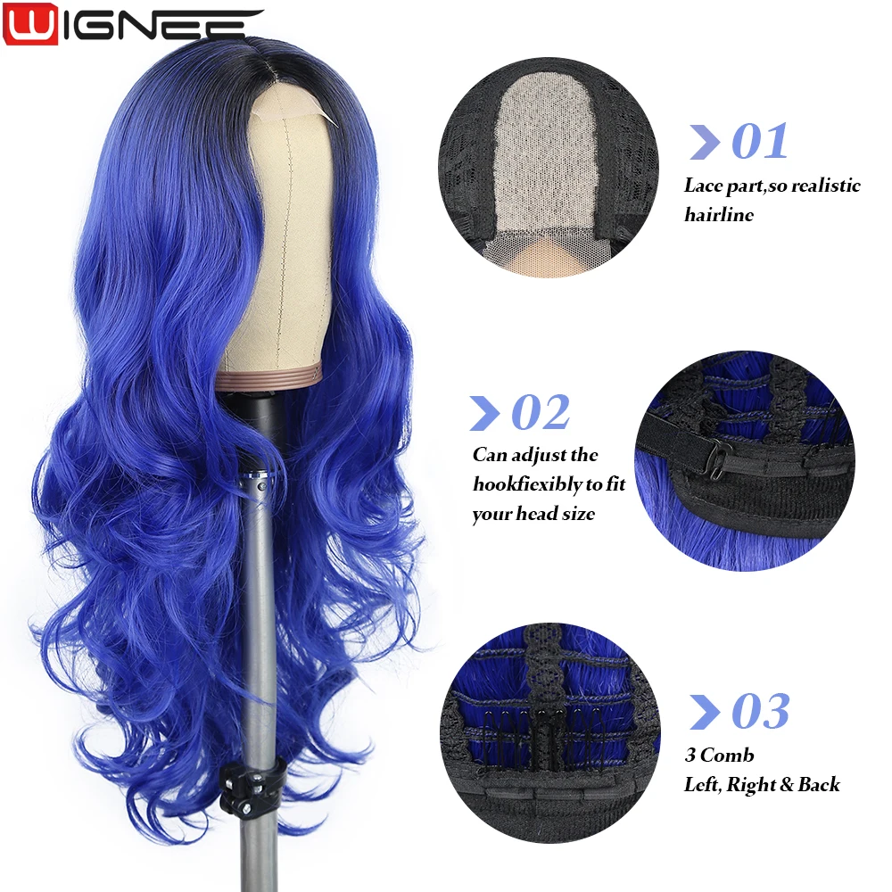 WIGNEE 1B Blue Wig Body Wave Synthetic Hair Lace Wigs For Women Cosplay Wig Long Natural Daily Life Wigs On Sale Clearance