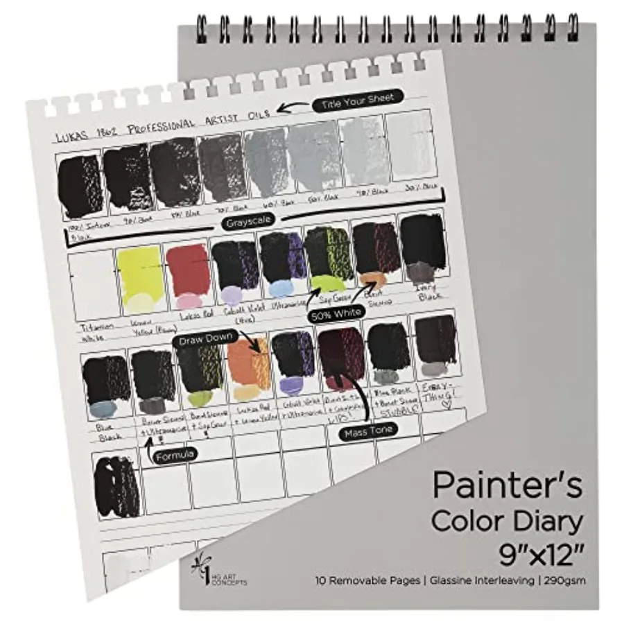 

Painters Color Diary - 9x12 Spiral-Bound Acid- Free Color Swatch Book with 10 Pages for Acrylic or Oil Paint - 2 Pack