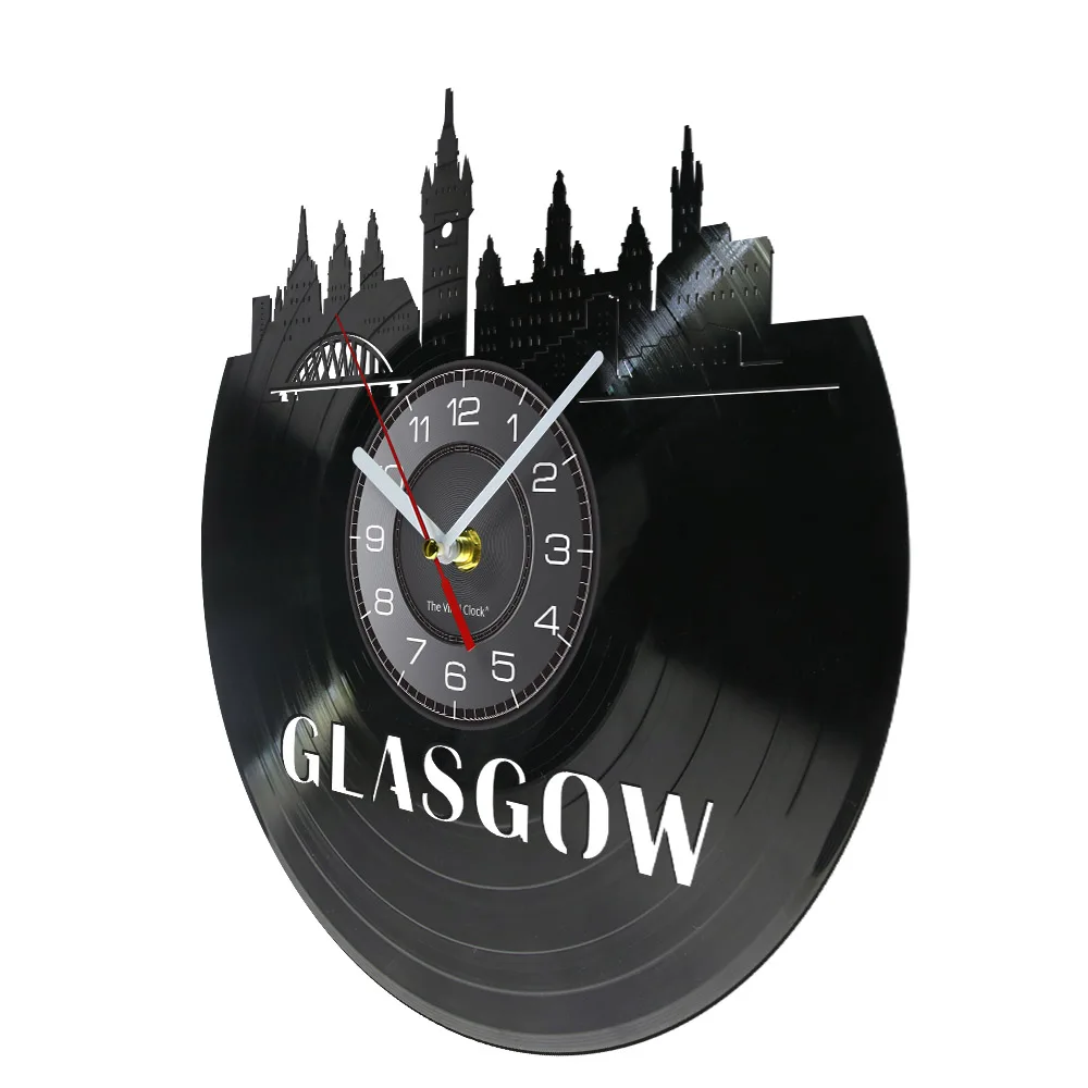 Glasgow Minimalist Wall Art Wall Clock Home Decor Glasgow Skyline Vinyl Record Clock Scotland Travel Vintage Gift Modern Clock