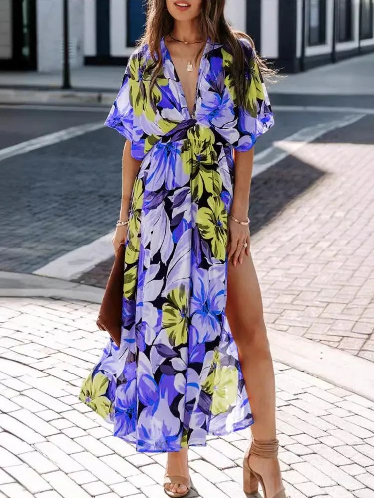 Sexy Deep V-neck Short Sleeve Long Dress Women's Summer Fashion Floral Print High Waist Split Casual Beach Holiday Maxi Dresses