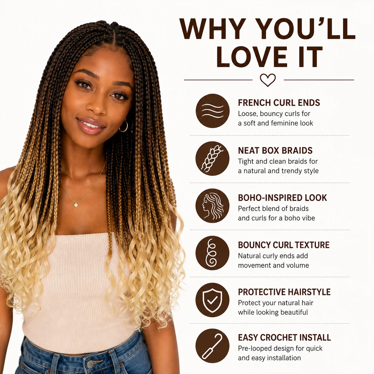 18 Zoll Französische Locken Box Braids Häkelhaar Synthetische Flechthaarverlängerungen mit gelockten Enden Boho-Schutzstil Vorgefertigt Schwarz für Frauen – Detail 7