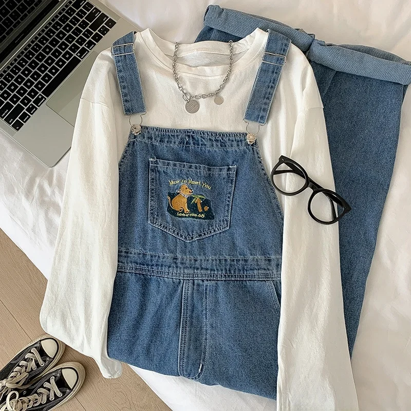 

Модные джинсовые комбинезоны с вышивкой мультфильмов, свободные широкие длинные брюки, женские летние новые универсальные джинсы с защитой от возраста