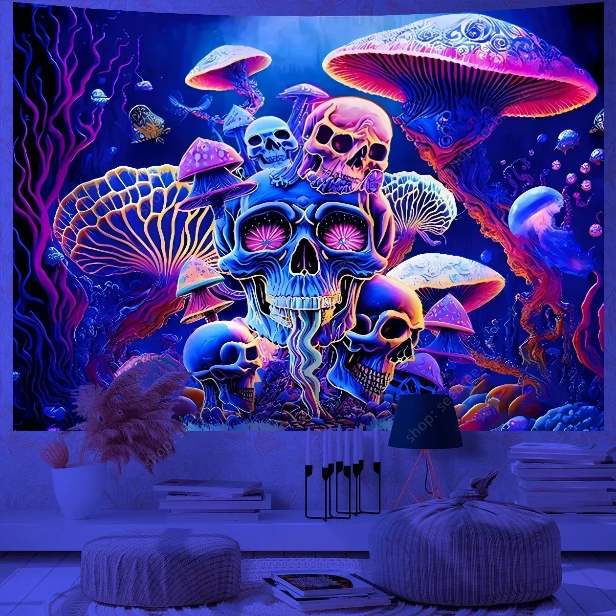 Psychedelic Skull UV Reactive Tapestry Hippie Skeleton Tapestry Wall Hanging Gothic Home Decor Room Decor Witchcraft Supplies