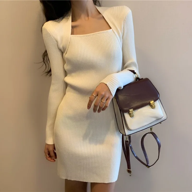 

Women Long Sleeve Square Neck Slim Fit Dress Autumn Winter Solid Color Knitted Long Dress For Daily Street