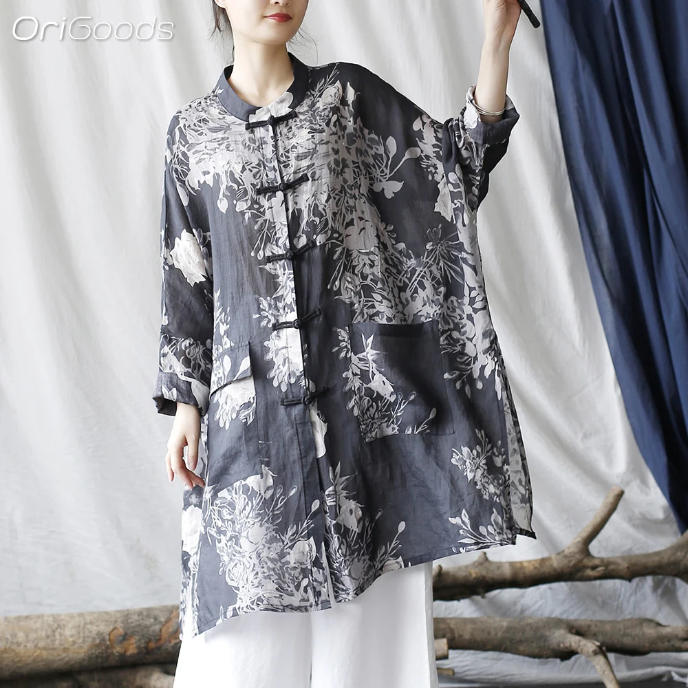 

OriGoods Oversized Long Shirt Women 2024 New Summer Tops Thin Ramie Fabric Black Shirts Chinese Style Long Sleeve Blouse X033