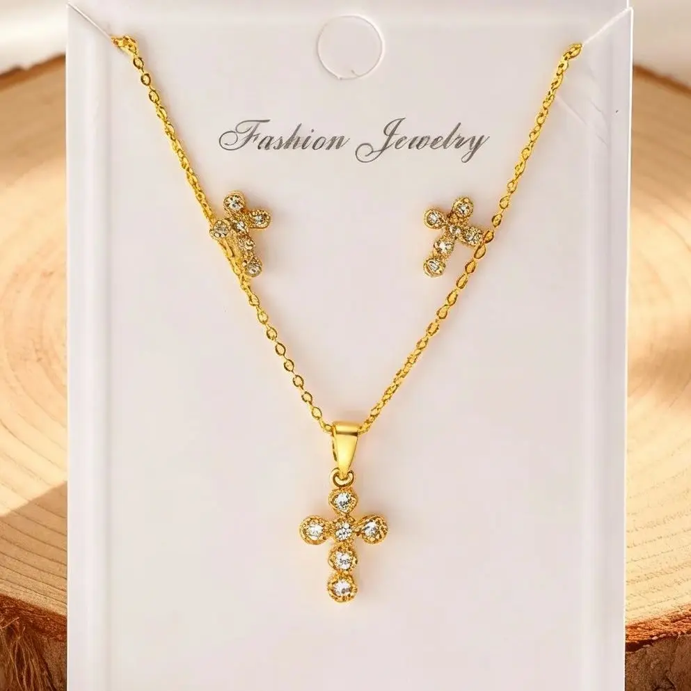 Exquisito Juego de Collar y Aretes con Cruz de Circonita, Aretes con Dijes, Collar de Clavícula, Cadena, Joyería de Pascua, Regalo