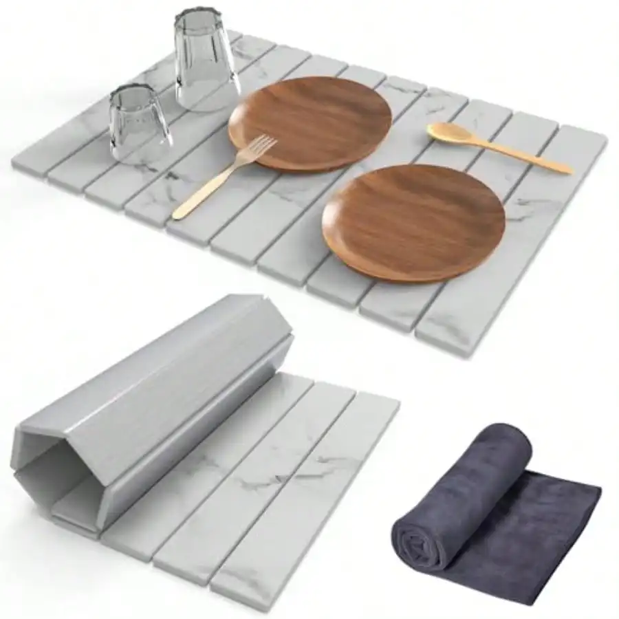 Best Sellers Stone Dish Drying Mat For Kitchen Counter24" L *6"(W) Collapsible Fast-Drying Diatoeous Earth Mats With Towel Sanding Tool Versatile Stone Drying Mats For Cups Dishes Bottles