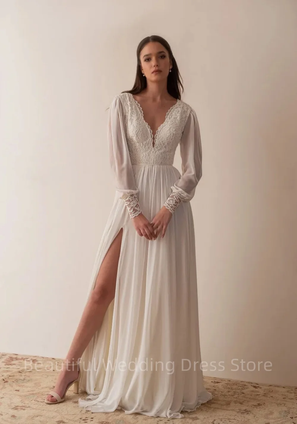 

Classic Boho Lace Beach Wedding Dress Sexy High Side Split Bridal Dresses Chiffon Long Sleeve Wedding Gowns Vestido de Noiva