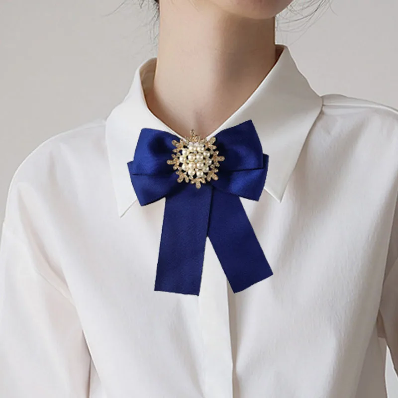 College Style Bow Ties Women's Uniform Shirt Accessories Custom Adjustable Strap Handmade Ribbon Pearl Rhinestone Collar Flowers
