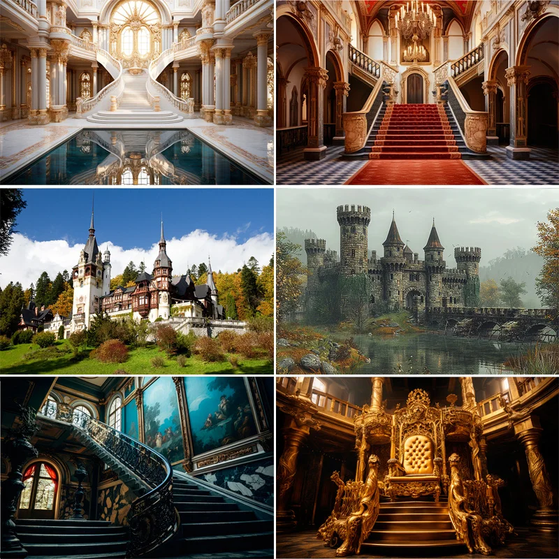 Beautiful Castle Architecture Staircase Photography Backdrops Medieval Fantasy Hallway Bookshop Cathedral Photo Background CT-03