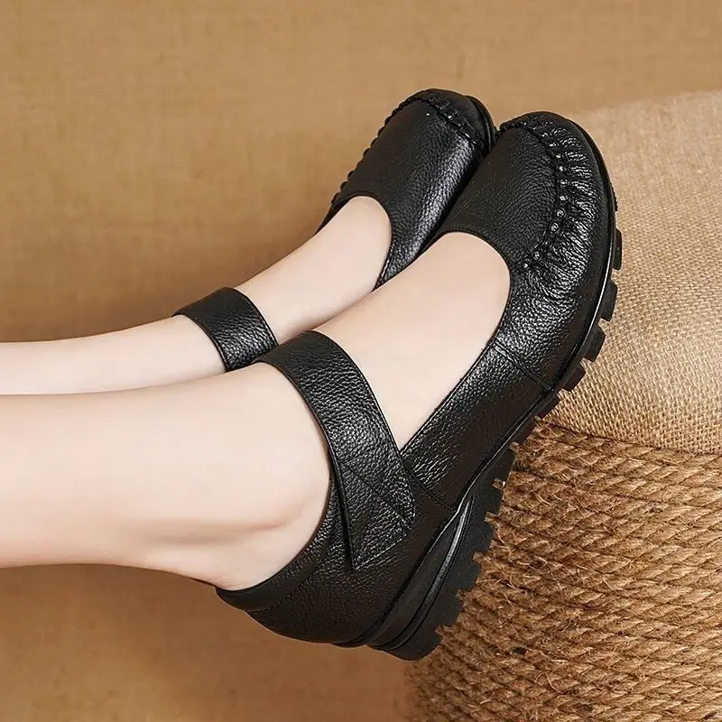 Women\'s Thick Shallow Shoes Loafer Mary Jane Flats Student Black Leather Uniform School Shoes Nurse Comfort Flats Woman Moccasin