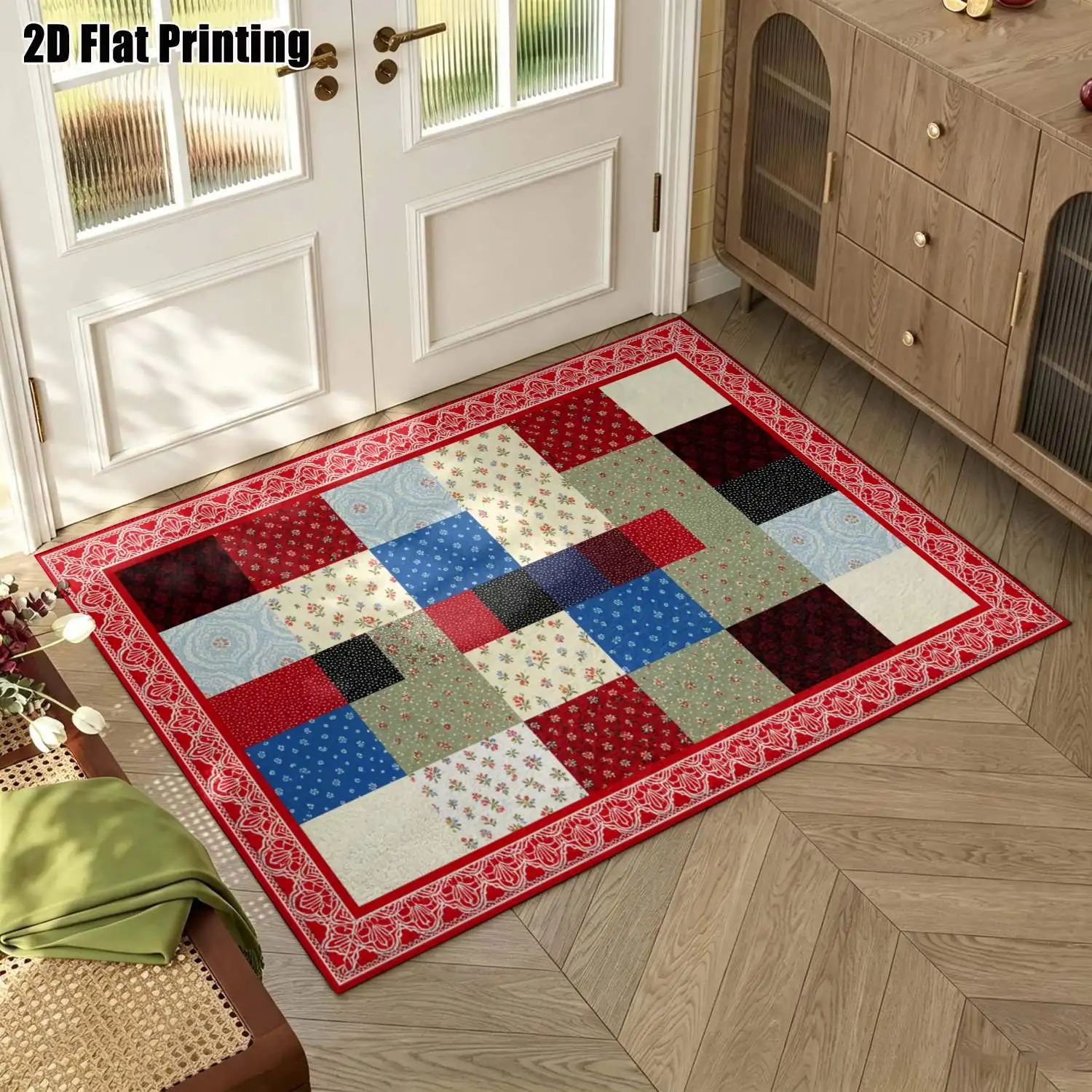 1Pc 2D Printed Carpet: Contrasting Patchwork, Retro & Modern Minimalist, Multi-Size, Machine Washable, Ideal for Home Decor & Various Floor Mats
