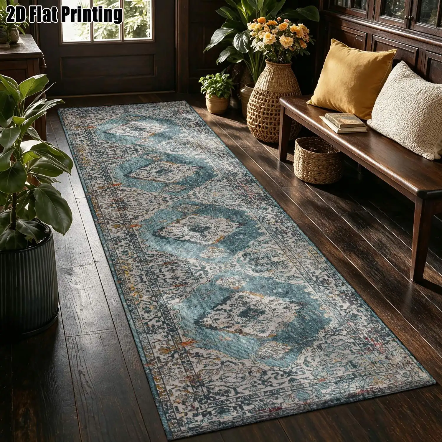 1Pc 2D Printed Blue-Grey Geometric Diamond Long Strip Runner Carpet Nordic, Modern Minimalist, European, Retro Styles, Machine Washable, Multi-Size, Home Decor Suitable for Entrance, Hallway, Living Room, Bedroom.
