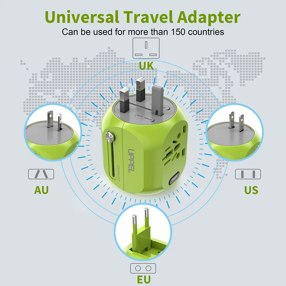 UPPEL-uniwersalny Adapter podróżny, wszystko w jednym, wtyczka konwersji, US, EU, KR, inteligentny, wiele portów, ładowarka USB typu C, zasilacz